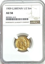 1909 GOLD GREAT BRITAIN 1/2 SOVEREIGN KING EDWARD VII COIN NGC AU 58