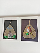 2 Vintage Hand painted Peepal Skeleton Indian Leaf Art  - Robin & Taj Mahal
