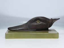 Antique Cast Iron Mallard Duck Head. Desk Paper Clip Sculpture on Onyx Base.