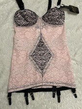 36B RAGO CORSELETTE 6 Garters Open Bottom Girdle Bra Body Briefer Pink/Black