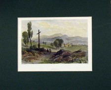 Original Old Antique Print 1840 Hand Coloured View Boege Country Trees Cross