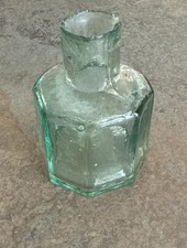 Antique Ink Bottle Octagonal Razor Top Green Aqua Glass Shear Top