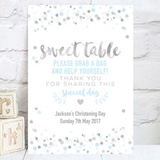 Personalised Sweet Table Sign Light Blue & Silver Confetti SB10