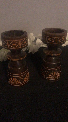Pair carved wooden candle - of,