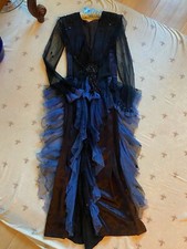 Vintage 1920s Black Silk Blue Tulle Evening Gown Dress Beaded  XS
