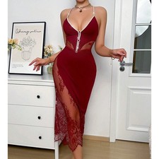 Elegant Deep V Lace Teddy Nightdress Women's Sexy Hollowed Chemise Lingerie