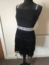 ladies 1920’s great gatsby charleston black silver flapper tassle dress size M 
