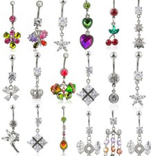 Silver Belly Navel Button Ring Bar Piercing Flower CZ Gem Dangle NEW