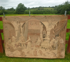 LARGE ANTIQUE IRISH COUNTRY HOUSE TAPESTRY MUSICAL FIRESIDE GATHERING MONKEY+DOG