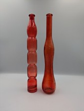 Vintage Retro Red Glass Tall Skinny Wavy Wine Bottle Bohemia Czech Ribbed Vase 