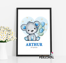 Personalised Nursery Print Teddy Bear Baby Kids Room Wall Art Poster Boys Gift