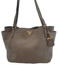 Prada Grey / Beige Vittello Daino Side Pocket Vintage Leather Tote Handbag