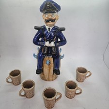 Vintage Rum Decanter, Captain of the Ship with 5 Cups Kitsch  Bar Ware