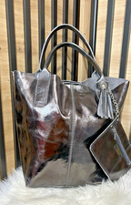 Metallic Borse in Pelle Large Tote Shopper bag + purse Italian Real leather NEW