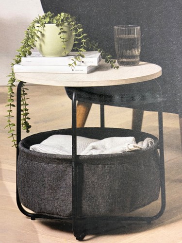 Grey fabric side table - side, by