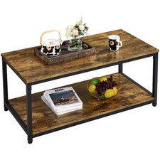 Industrial Coffee Table with Storage Shelf Center Table Metal Frame Living Room