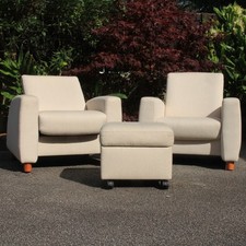 2 Cream Erkones Stressless Recliner Sofa Chairs + Ottoman Scandi Modern Style