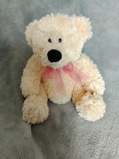 BHS Cream Teddy Bear With Pink Ribbon Bow soft toy plush. 7"