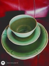 1935 Mount Clemens Petal Ware Green Round Porcelain Bowls, Plates Set of 4