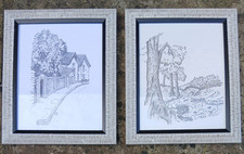 2 Wooden Black White Grey Picture Frames With Original Pen/Ink drawings