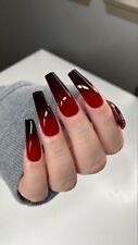 False press-on nails Long Coffin Red Black Ombre Gloss + FREE Nail Tabs BN24