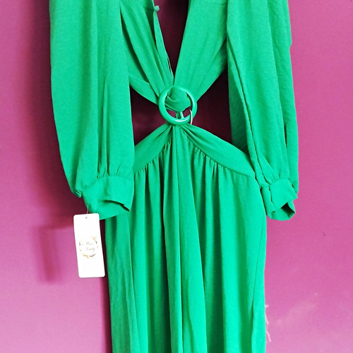 Green neck jumpsuit long - green, v-neck