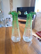 Pair 10" Moser Gold Jewelled Antique Graduated Green Tall Vases Glass