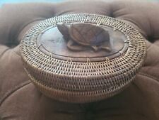Vintage Lombok Island Wood Carved Turtle Rattan Effigy Basket Box