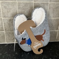 New Dunelm ladies dachshund sausage dog grey faux fur lined slippers shoes UK3-4