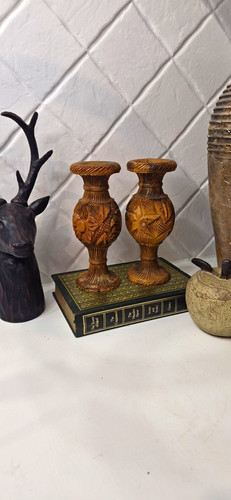 Pair carved wood candlesticks - carved,