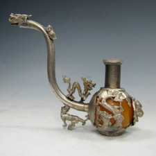 Old Chinese Handmade Inlay Yellow Jade Tibet Silver Dragon Smoking Pipe