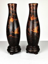 Pair of Mid-Century Japanese Lacquered Vases – Cranes & Rising Sun – c.1950–1970