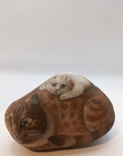Hand Painted Susan French Rock Art Tabby Cat With White Kitten Stone