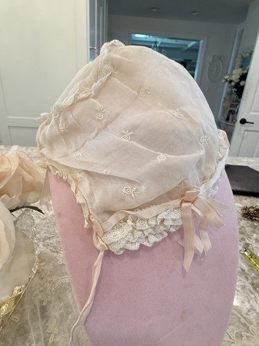 Vtg lace ribbon baby bonnet - baby,