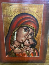 Virgin Mary (Theotokos Icon) with Christ, vintage on wood. From Yugoslavia