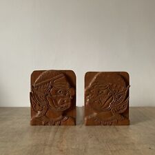 Vintage Wooden Hand Carved Pair x2 Foldable Bookends Oriental Faces Shelf Decor