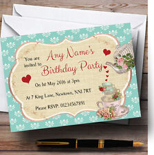 Vintage Tea Green Red Shabby Chic Personalised Birthday Party Invitations