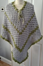 Crochet Poncho Hand Made Grey And Green New Without Tags one size