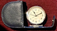 LASCELLES - Travel ALARM CLOCK NAVY LEATHER - Folding - NEW BATTERY - EXCELLENT