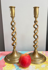 PAIR ANTIQUE VINTAGE TALL HEAVY BRASS OPEN BARLEY TWIST CANDLESTICKS 30 CM (H)