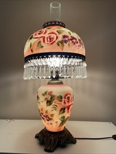 Victorian Style - Droplet Fringe Glass Dome Boudoir Lamp with Roses Pattern