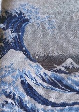 Completed Cross Stich Needlework Picture Great Wave Hokusai 35x25cm Japanese Art