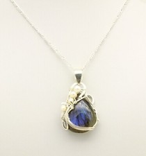 Labradorite gemstone & real Pearls Sterling Silver  large Pendant Necklace