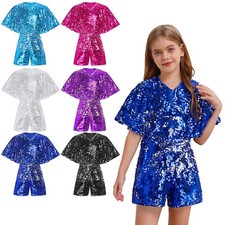 UK Girls One Piece Sparkly Romper Disco Sequins Romper Jumpsuit Outfit Costume