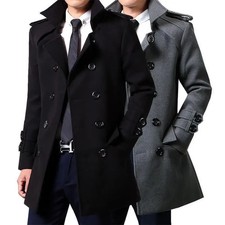 Men Winter Woolen Double-Breasted Trench Coat, Medium-Length Slimming Overcoat