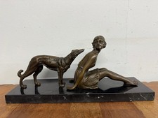 Art Deco Bronze & Marble Sculpture - Lady & Dog - Signed Chiparus