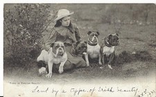 YOUNG GIRL WITH FOUR BULL DOGS "TYPES OF ENGLISH BEAUTY" VINTAGE POSTCARD