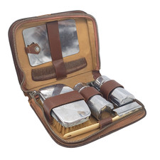 Vintage 1940s Men’s Grooming Travel Kit Leather Case Razor Brush Mirror Set