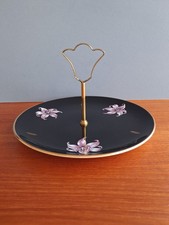 Vintage 1970s Orchid Palissy cake plate with handle, glossy black, pink, gold