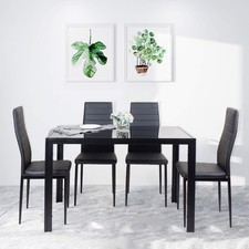 4x Black Faux Leather Dining Chairs&Black Tempered Glass Dining Table Dining Set